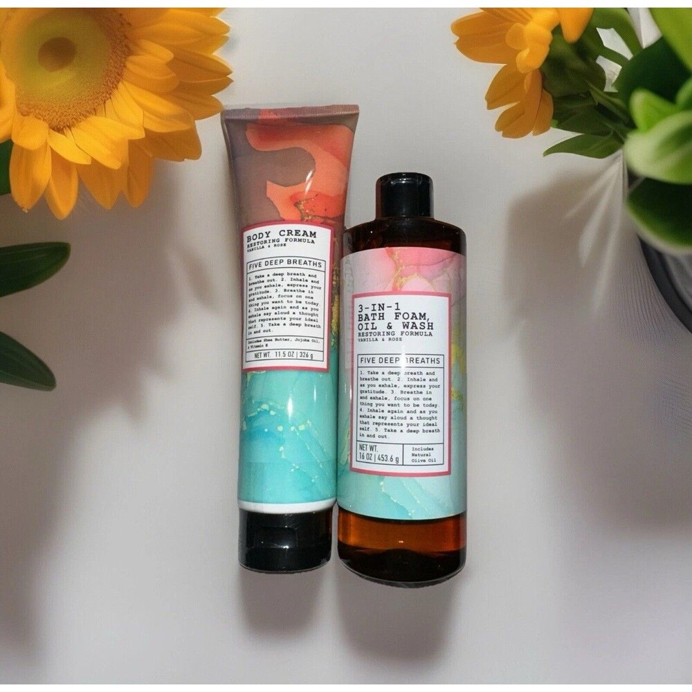 Five Deep Breaths Vanilla & Rose Bath Set - Bath Foam, Oil, Wash, Body Cream NEW